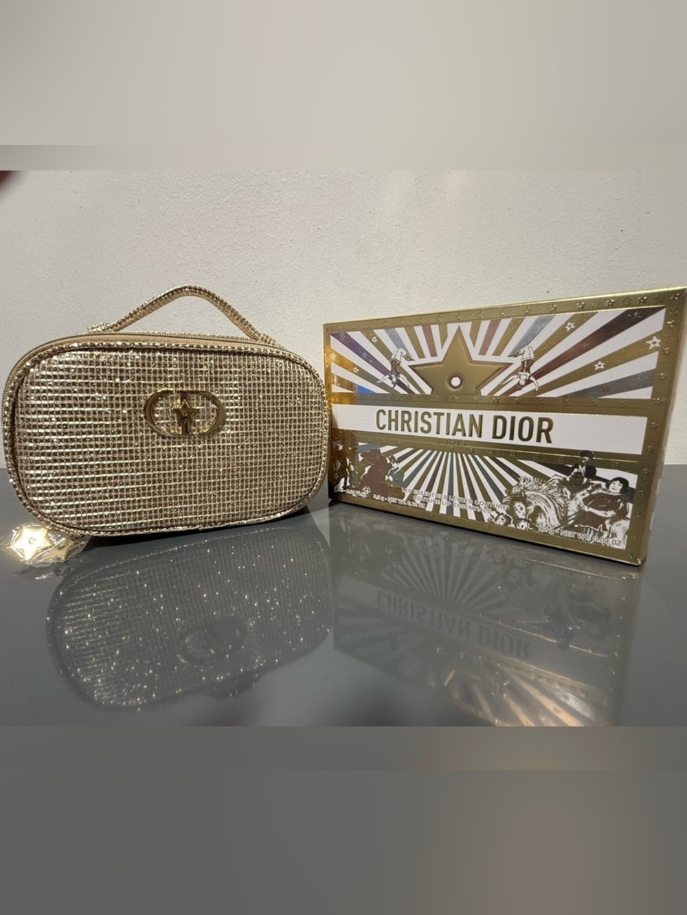 Dior Metallic Gold Rhinestone Travel Cosmetic Case Christmas 2025 w/ branded box
